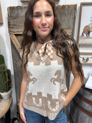 Saddle Up Western Horse & Horseshoe Sweater Vest- Tan - Barbwire n Bougie Boutique