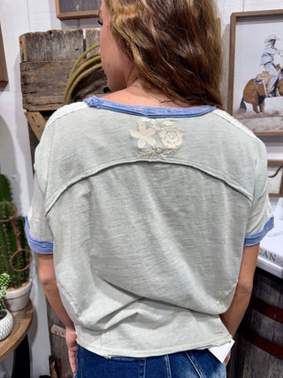 Sage Lace Trim Western Top | Vintage Washed Boho Boutique Tee - Barbwire n Bougie Boutique