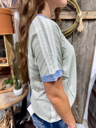 Sage Lace Trim Western Top | Vintage Washed Boho Boutique Tee - Barbwire n Bougie Boutique