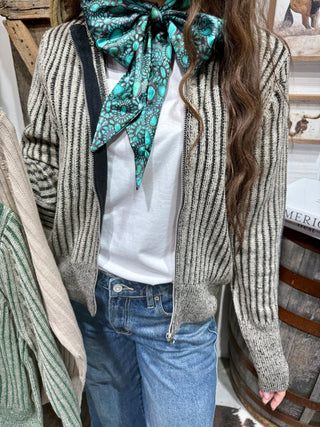 Sagebrush Stripe Corded Zip-Up Basic Sweater - Barbwire n Bougie Boutique