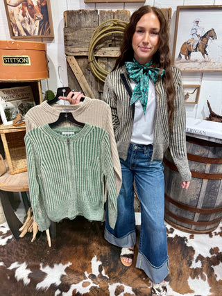 Sagebrush Stripe Corded Zip-Up Basic Sweater - Barbwire n Bougie Boutique