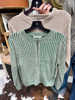 Sagebrush Stripe Corded Zip-Up Basic Sweater - Barbwire n Bougie Boutique