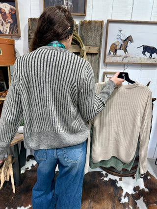 Sagebrush Stripe Corded Zip-Up Basic Sweater - Barbwire n Bougie Boutique