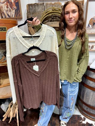 Sagebrush Texture V-Neck Sweater Top-3 Colors - Barbwire n Bougie Boutique