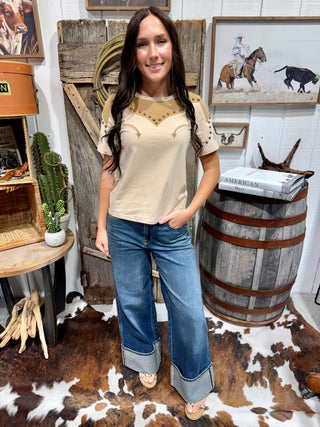 Sand Studded Western Boot Stitch Yoke Tee - Barbwire n Bougie Boutique
