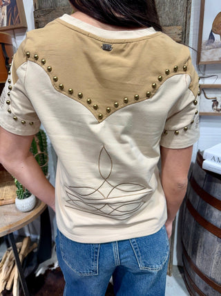 Sand Studded Western Boot Stitch Yoke Tee - Barbwire n Bougie Boutique