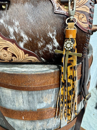 Sandra Ling Leopard Leather Cross Purse Charm Tassel | Western Cross Bag Charm - Barbwire n Bougie Boutique