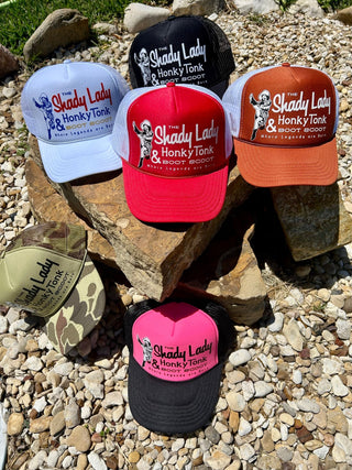 Shady Lady & Honky Tonk Boot Scoot Trucker- SIX COLORS! - Barbwire n Bougie Boutique