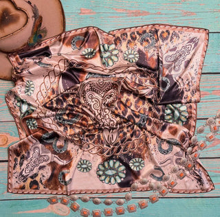 Silk Leopard Longhorn Wild Rag Scarf – 36” x 36” Western Turquoise Concho Print - Barbwire n Bougie Boutique
