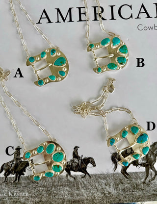 Silver Plated Belt Buckle Necklaces with Authentic Kingman Stones Set in Sterling Silver - Barbwire n Bougie Boutique