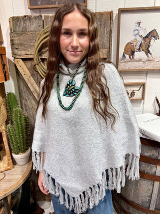 Silver Sage Fringe Turtleneck Poncho Sweater - Barbwire n Bougie Boutique
