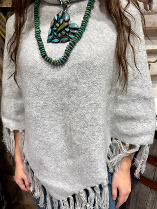 Silver Sage Fringe Turtleneck Poncho Sweater - Barbwire n Bougie Boutique