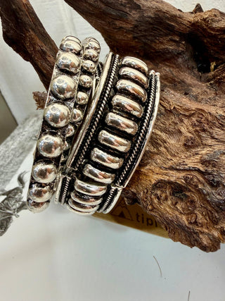 Silver tone Pearl Cuff Bracelet Stack | Western Beaded Statement Bangles-Set Of 4 - Barbwire n Bougie Boutique