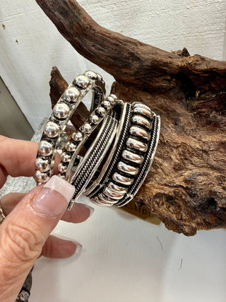 Silver tone Pearl Cuff Bracelet Stack | Western Beaded Statement Bangles-Set Of 4 - Barbwire n Bougie Boutique