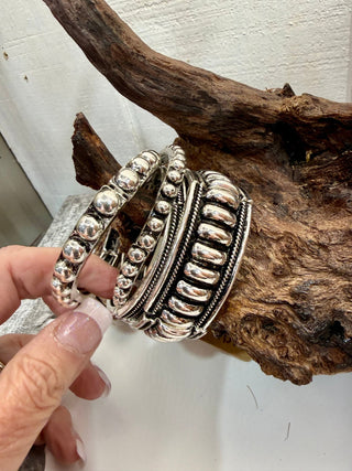 Silver tone Pearl Cuff Bracelet Stack | Western Beaded Statement Bangles-Set Of 4 - Barbwire n Bougie Boutique