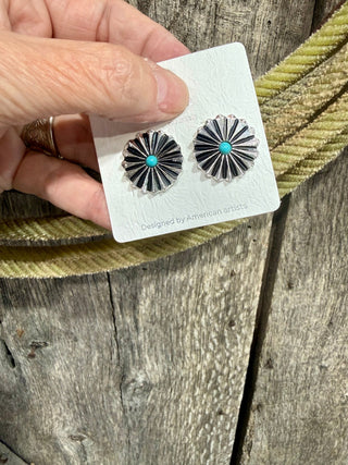 Silver Tone Turquoise Concho Stud Earrings | Western Cowgirl Jewelry - Barbwire n Bougie Boutique