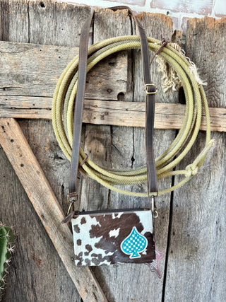 Small Cowhide Crossbody Bag with Turquoise Spade – Western Leather Purse - Barbwire n Bougie Boutique