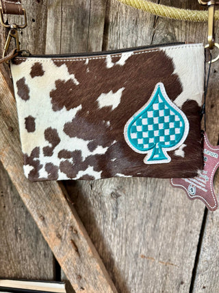 Small Cowhide Crossbody Bag with Turquoise Spade – Western Leather Purse - Barbwire n Bougie Boutique