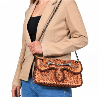 Snaffle Bit Tooled Leather Western Crossbody Bag - Barbwire n Bougie Boutique