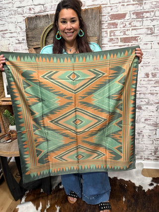 Southwestern Aztec Print Wild Rag – Green & Rust Western Scarf - Barbwire n Bougie Boutique