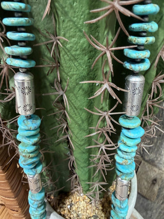 Southwestern Dyed Howlite & Stamped German Silver Barrel Bead Necklace – 40” - Barbwire n Bougie Boutique