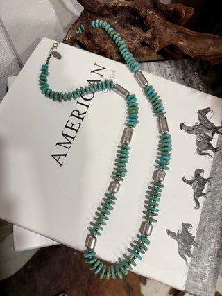 Southwestern Dyed Howlite & Stamped German Silver Barrel Bead Necklace – 40” - Barbwire n Bougie Boutique
