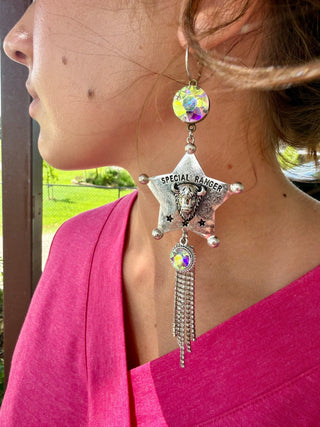 Special Ranger Buffalo Star Earrings | Western Rhinestone Fringe Statement Earrings - Barbwire n Bougie Boutique