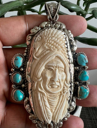 Spirit Eagle Carved Bone & Turquoise Statement Pendant - Barbwire n Bougie Boutique