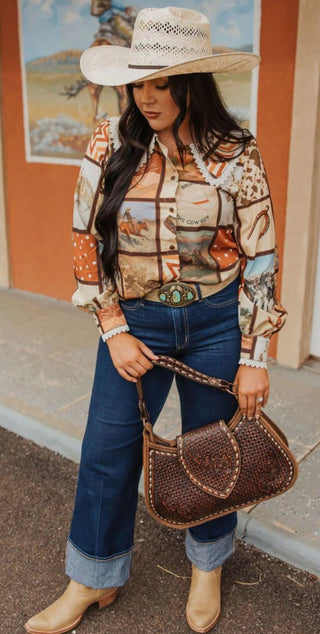 Spirit of the Cowboy Western Collage Print Blouse with Lace Peter Pan Collar - Barbwire n Bougie Boutique