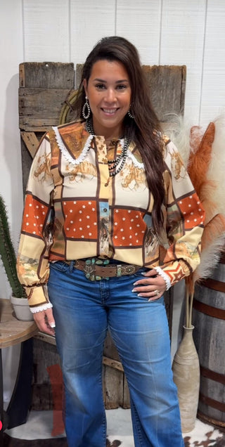 Spirit of the Cowboy Western Collage Print Blouse with Lace Peter Pan Collar - Barbwire n Bougie Boutique