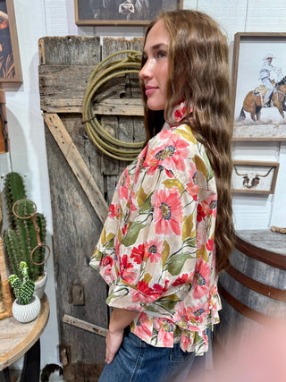 Spring Meadow Floral Ruffle Hem Peplum Top for Women | Quarter Sleeve Button Front Blouse - Barbwire n Bougie Boutique