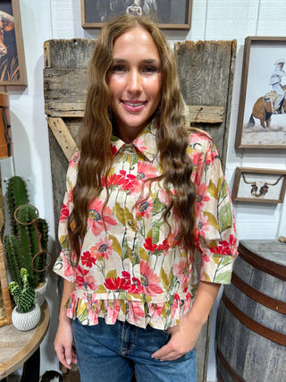 Spring Meadow Floral Ruffle Hem Peplum Top for Women | Quarter Sleeve Button Front Blouse - Barbwire n Bougie Boutique