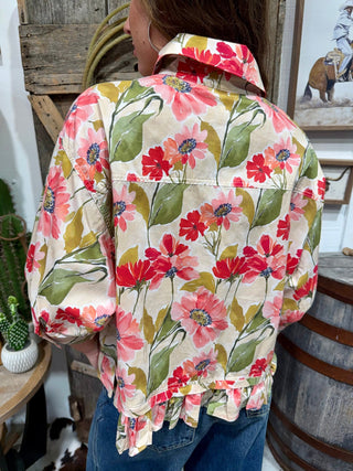 Spring Meadow Floral Ruffle Hem Peplum Top for Women | Quarter Sleeve Button Front Blouse - Barbwire n Bougie Boutique
