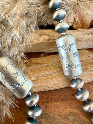 Stamped Native American Sterling Silver Navajo Pearl & Storyteller Barrel Necklace & Earring Set - Barbwire n Bougie Boutique