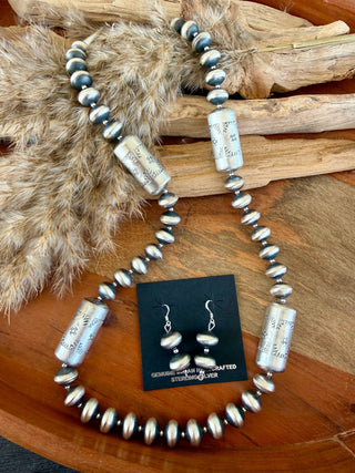 Stamped Native American Sterling Silver Navajo Pearl & Storyteller Barrel Necklace & Earring Set - Barbwire n Bougie Boutique