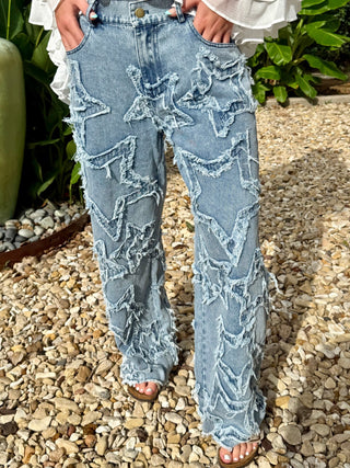 Star Patch Boho Denim Jeans | Loose Fit Frayed Star Wide Leg Jeans - Barbwire n Bougie Boutique