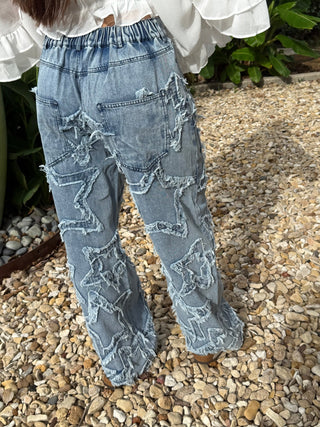Star Patch Boho Denim Jeans | Loose Fit Frayed Star Wide Leg Jeans - Barbwire n Bougie Boutique