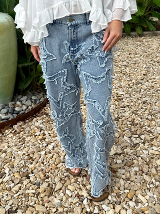 Star Patch Boho Denim Jeans | Loose Fit Frayed Star Wide Leg Jeans - Barbwire n Bougie Boutique