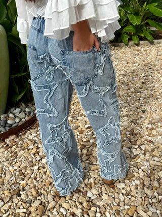 Star Patch Boho Denim Jeans | Loose Fit Frayed Star Wide Leg Jeans - Barbwire n Bougie Boutique