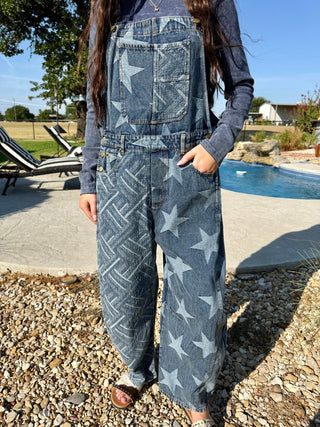 Star Spangled Patchwork Denim Barrel Overalls- Small-3X - Barbwire n Bougie Boutique