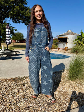 Star Spangled Patchwork Denim Barrel Overalls- Small-3X - Barbwire n Bougie Boutique
