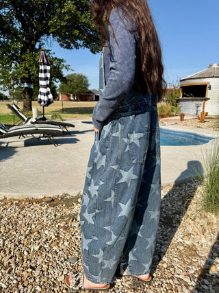 Star Spangled Patchwork Denim Barrel Overalls- Small-3X - Barbwire n Bougie Boutique