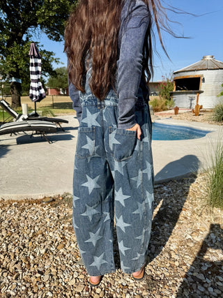 Star Spangled Patchwork Denim Barrel Overalls- Small-3X - Barbwire n Bougie Boutique