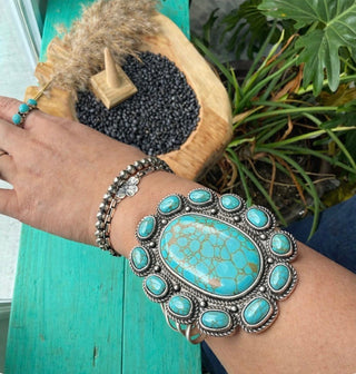Statement Turquoise Squash Blossom Cuff Bracelet | Western Silver Navajo Style Jewelry - Barbwire n Bougie Boutique