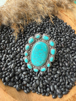 Statement Turquoise Squash Blossom Cuff Bracelet | Western Silver Navajo Style Jewelry - Barbwire n Bougie Boutique