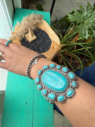 Statement Turquoise Squash Blossom Cuff Bracelet | Western Silver Navajo Style Jewelry - Barbwire n Bougie Boutique