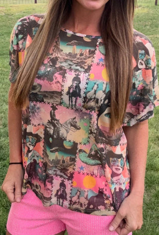 Sterling Kreek Cosmic Cowgirl Mesh Slouch Top | Western Graphic Mesh Tee - Barbwire n Bougie Boutique