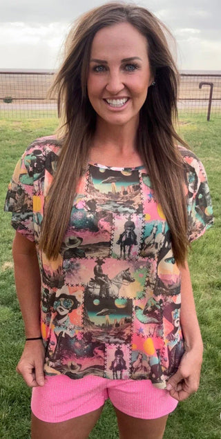 Sterling Kreek Cosmic Cowgirl Mesh Slouch Top | Western Graphic Mesh Tee - Barbwire n Bougie Boutique