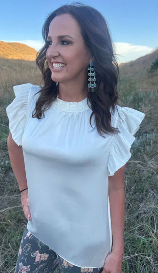 Sterling Kreek Cream Babydoll Ruffle Sleeve Top | Elegant Western Boutique Blouse - Barbwire n Bougie Boutique