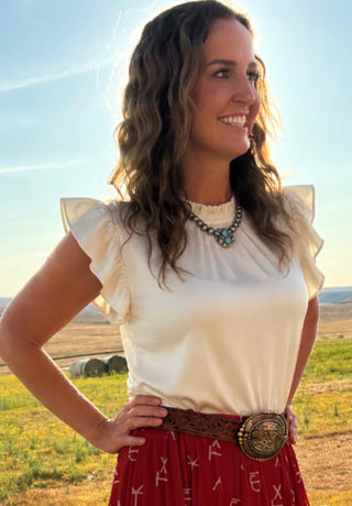 Sterling Kreek Cream Babydoll Ruffle Sleeve Top | Elegant Western Boutique Blouse - Barbwire n Bougie Boutique